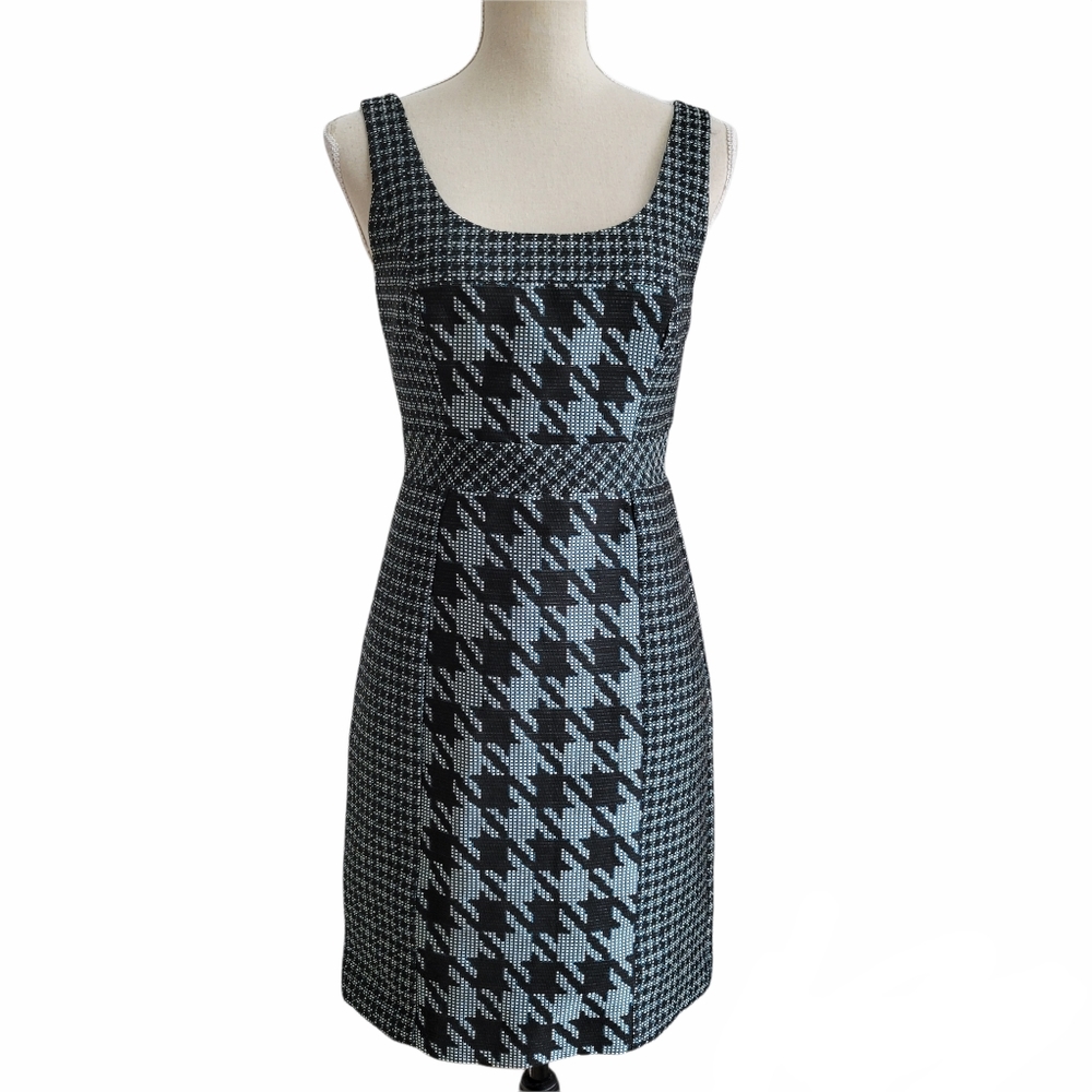 Trina Turk Sheath‎ Dress Teal Black White Houndstooth Tweed Career Cocktail